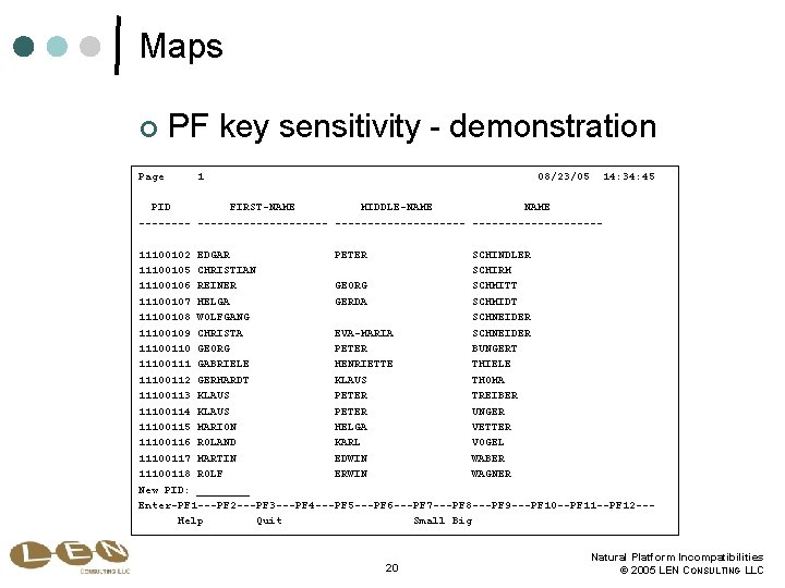 Maps ¢ Page PF key sensitivity - demonstration 1 08/23/05 14: 34: 45 PID