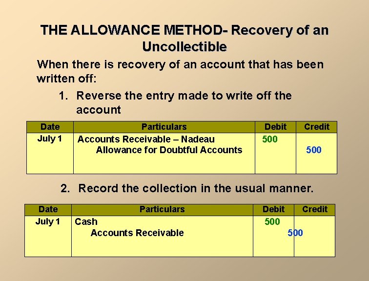 THE ALLOWANCE METHOD- Recovery of an Uncollectible When there is recovery of an account