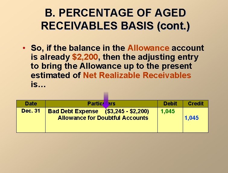 B. PERCENTAGE OF AGED RECEIVABLES BASIS (cont. ) • So, if the balance in
