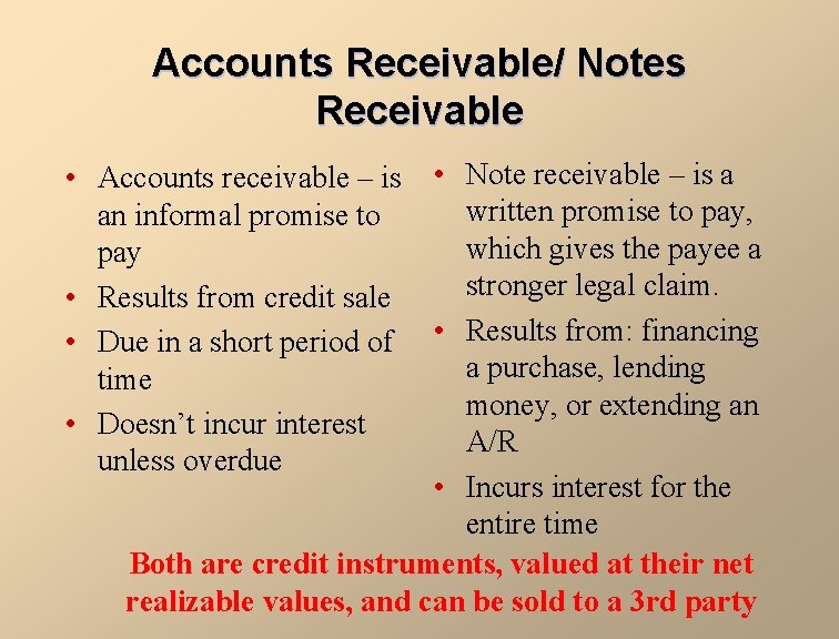 Accounts Receivable/ Notes Receivable • Note receivable – is a written promise to pay,