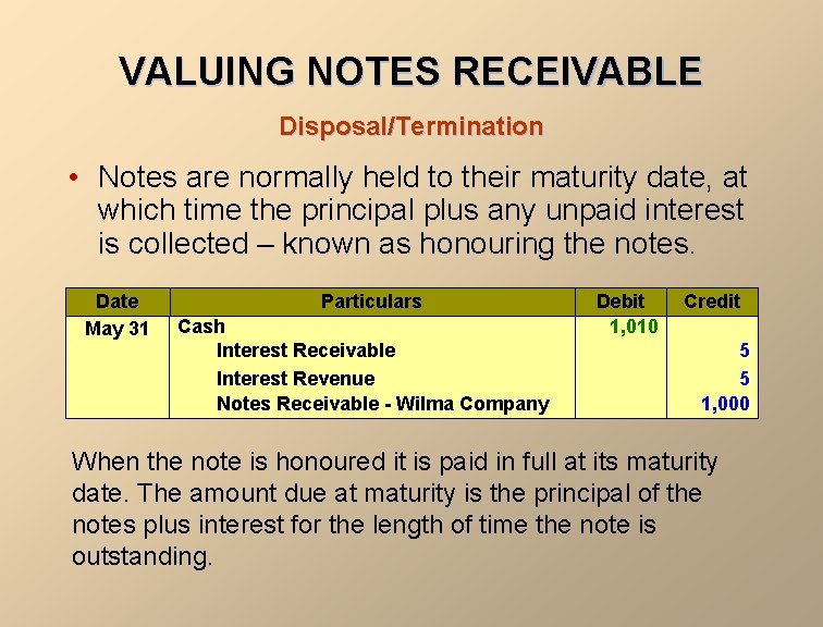 VALUING NOTES RECEIVABLE Disposal/Termination • Notes are normally held to their maturity date, at