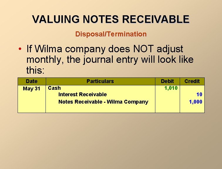 VALUING NOTES RECEIVABLE Disposal/Termination • If Wilma company does NOT adjust monthly, the journal