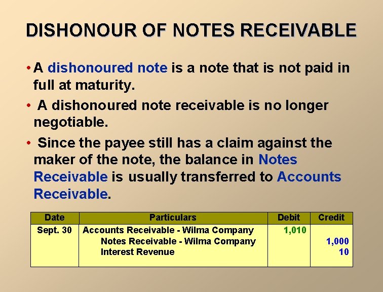 DISHONOUR OF NOTES RECEIVABLE • A dishonoured note is a note that is not