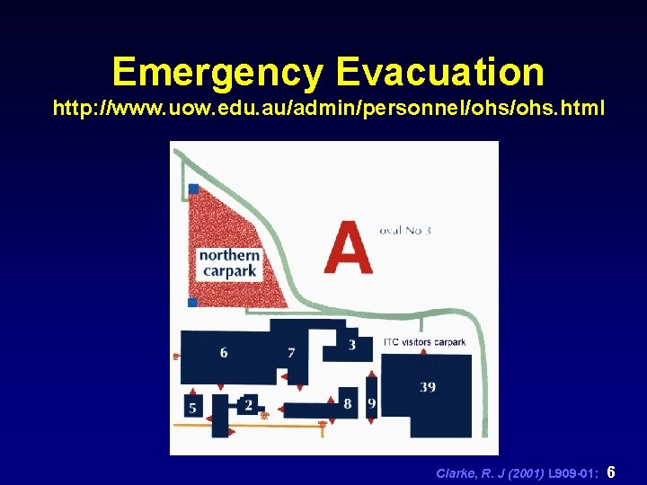 Emergency Evacuation http: //www. uow. edu. au/admin/personnel/ohs. html Clarke, R. J (2001) L 909