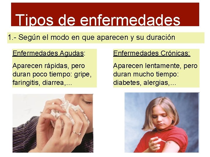 Tipos de enfermedades 1. - Según el modo en que aparecen y su duración