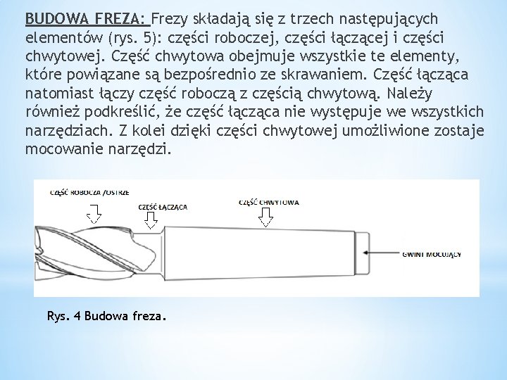 BUDOWA FREZA: Frezy składają się z trzech następujących elementów (rys. 5): części roboczej, części