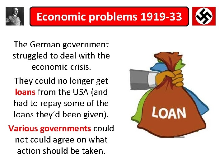Economic problems 1919 -33 The German government struggled to deal with the economic crisis.