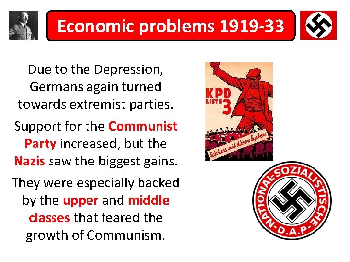 Economic problems 1919 -33 Due to the Depression, Germans again turned towards extremist parties.