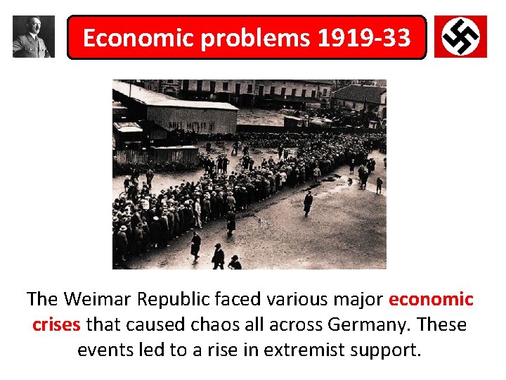 Economic problems 1919 -33 The Weimar Republic faced various major economic crises that caused