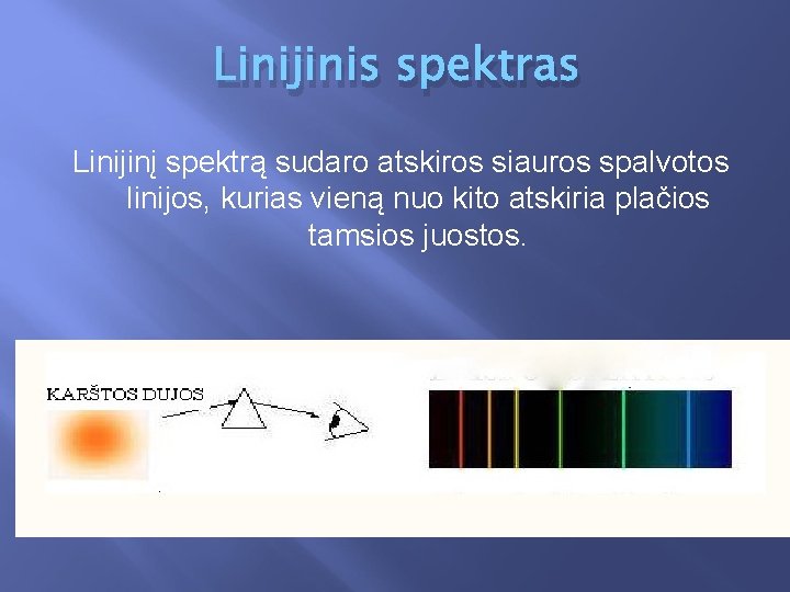 Linijinis spektras Linijinį spektrą sudaro atskiros siauros spalvotos linijos, kurias vieną nuo kito atskiria