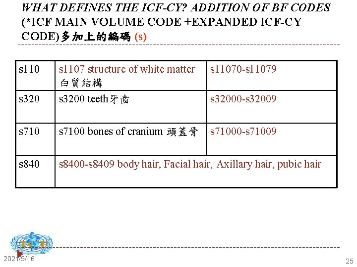 WHAT DEFINES THE ICF-CY? ADDITION OF BF CODES (*ICF MAIN VOLUME CODE +EXPANDED ICF-CY
