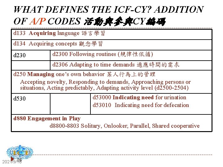 WHAT DEFINES THE ICF-CY? ADDITION OF A/P CODES 活動與參與CY編碼 d 133 Acquiring language 語言學習