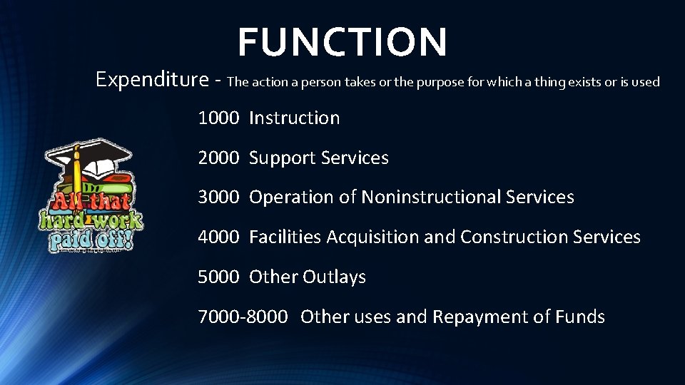 FUNCTION Expenditure - The action a person takes or the purpose for which a