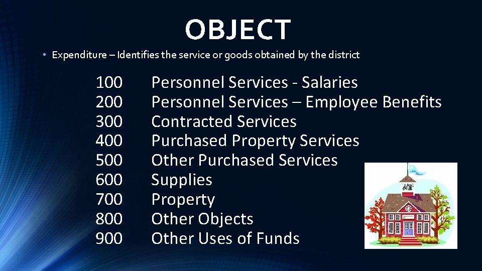 OBJECT • Expenditure – Identifies the service or goods obtained by the district 100