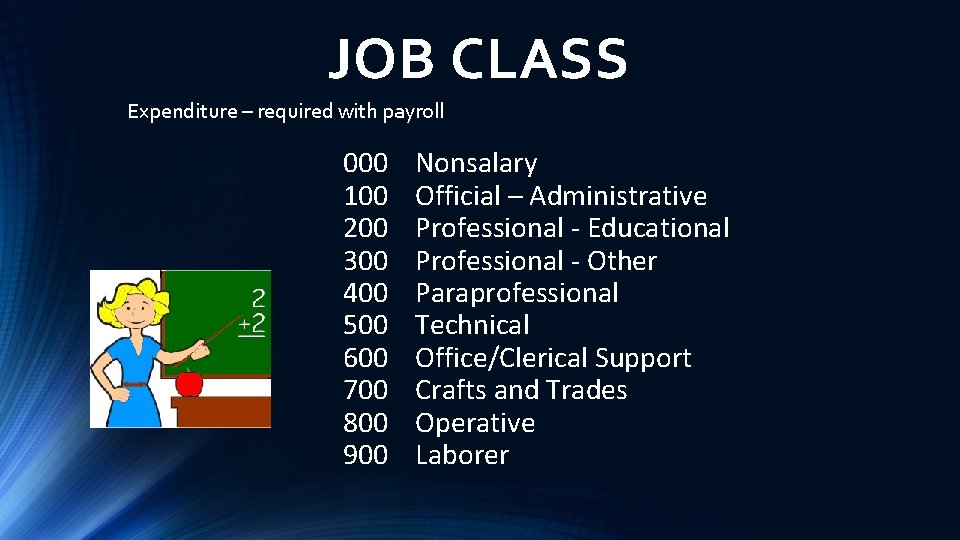 JOB CLASS Expenditure – required with payroll 000 100 200 300 400 500 600