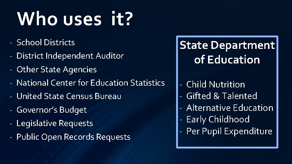 Who uses it? - School Districts District Independent Auditor Other State Agencies National Center