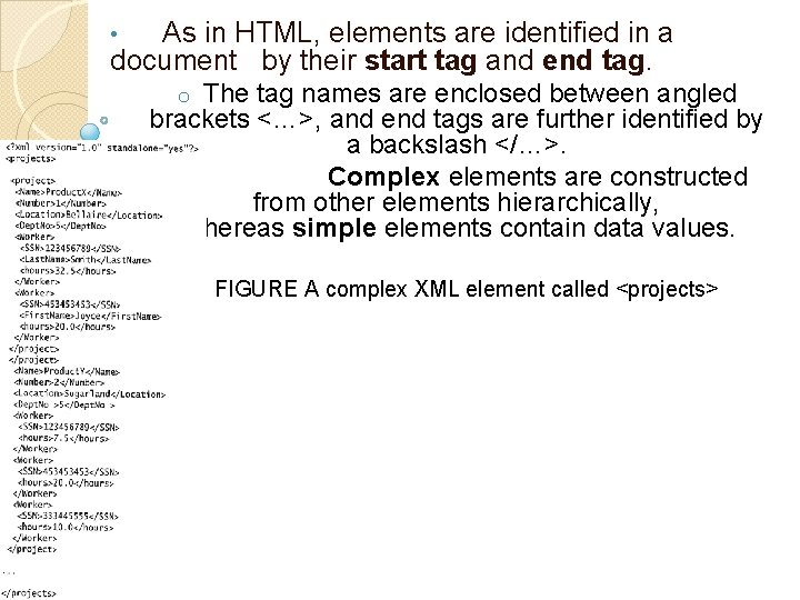 As in HTML, elements are identified in a document by their start tag and As in HTML, elements are identified in a document by their start tag and
