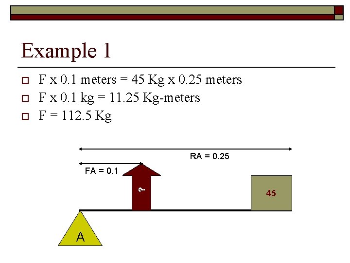 Example 1 o o F x 0. 1 meters = 45 Kg x 0.