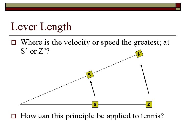 Lever Length o Where is the velocity or speed the greatest; at S’ or