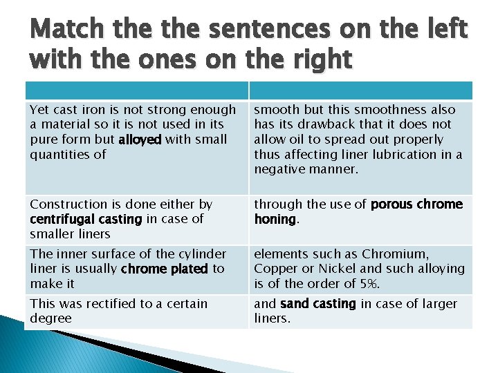 Match the sentences on the left with the ones on the right Yet cast