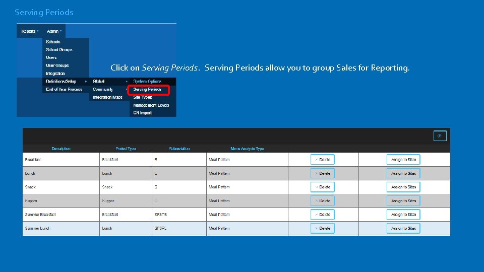 Serving Periods Click on Serving Periods allow you to group Sales for Reporting. 