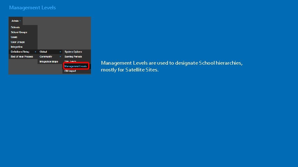 Management Levels are used to designate School hierarchies, mostly for Satellite Sites. 