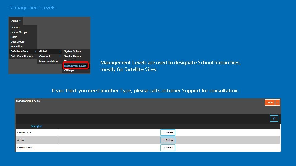 Management Levels are used to designate School hierarchies, mostly for Satellite Sites. If you