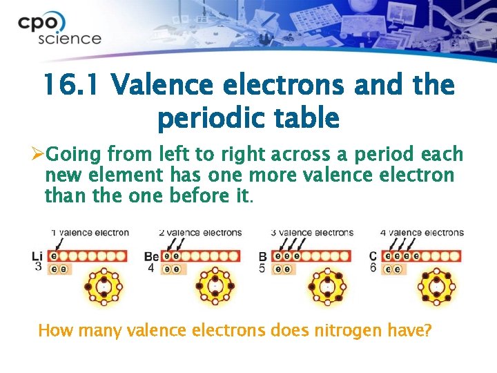 16. 1 Valence electrons and the periodic table ØGoing from left to right across