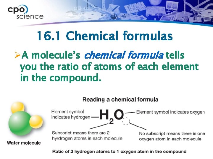 16. 1 Chemical formulas ØA molecule’s chemical formula tells you the ratio of atoms