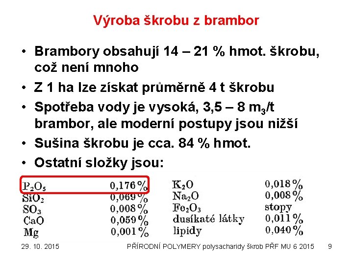 Výroba škrobu z brambor • Brambory obsahují 14 – 21 % hmot. škrobu, což