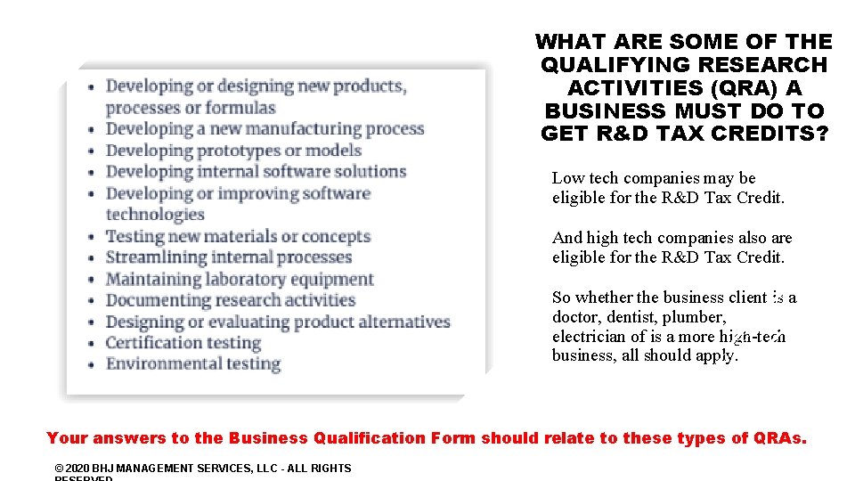 WHAT ARE SOME OF THE QUALIFYING RESEARCH ACTIVITIES (QRA) A BUSINESS MUST DO TO