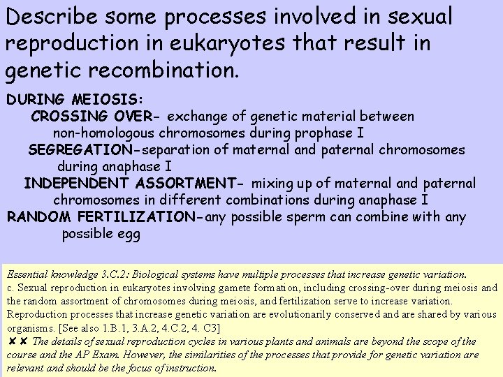 Describe some processes involved in sexual reproduction in eukaryotes that result in genetic recombination.