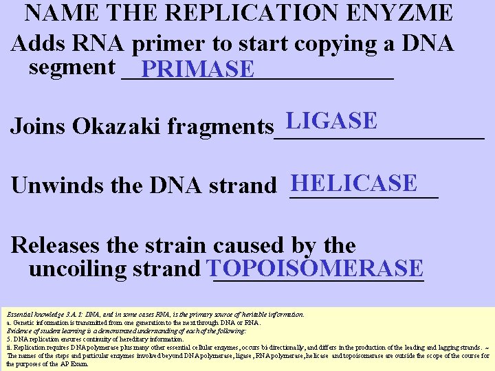 NAME THE REPLICATION ENYZME Adds RNA primer to start copying a DNA segment ___________