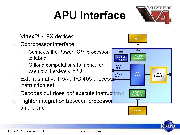 APU Interface • • Virtex™-4 FX devices Coprocessor interface – – • • •