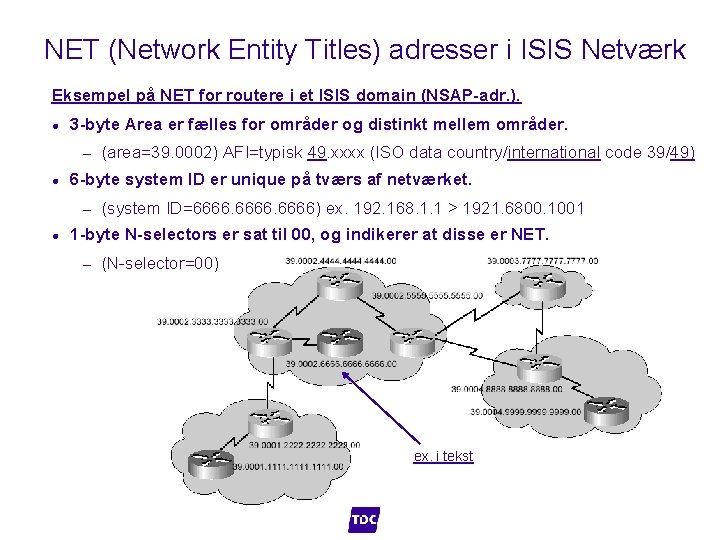 NET (Network Entity Titles) adresser i ISIS Netværk Eksempel på NET for routere i