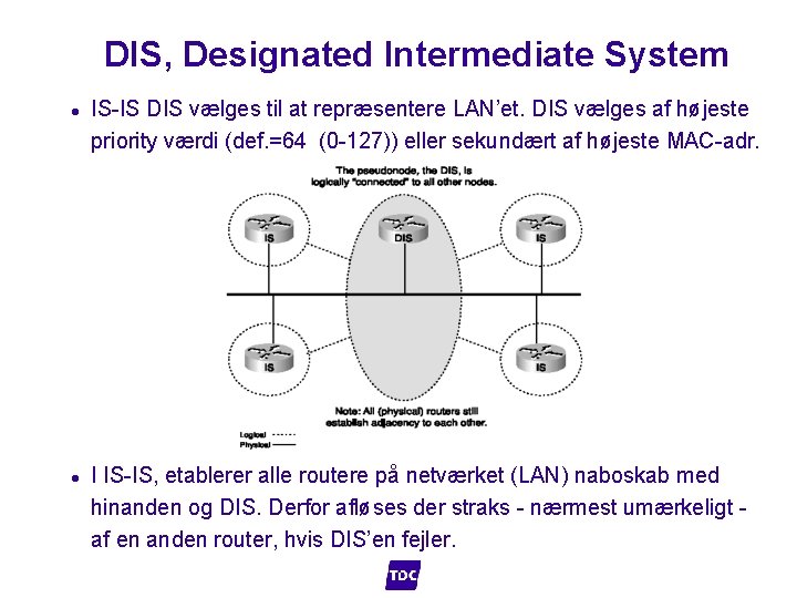 DIS, Designated Intermediate System l l IS-IS DIS vælges til at repræsentere LAN’et. DIS