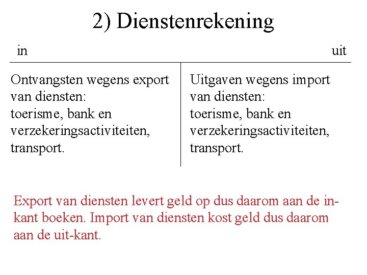 2) Dienstenrekening in Ontvangsten wegens export van diensten: toerisme, bank en verzekeringsactiviteiten, transport. uit