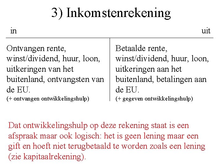 3) Inkomstenrekening in uit Ontvangen rente, winst/dividend, huur, loon, uitkeringen van het buitenland, ontvangsten