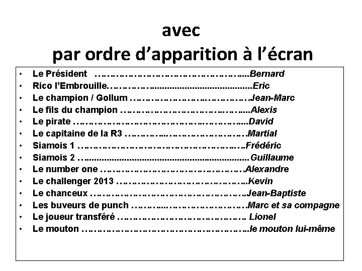 avec par ordre d’apparition à l’écran • • • • Le Président ……………………. .