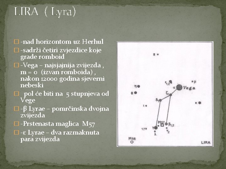 LIRA ( Lyra) � -nad horizontom uz Herhul � -sadrži četiri zvjezdice koje grade