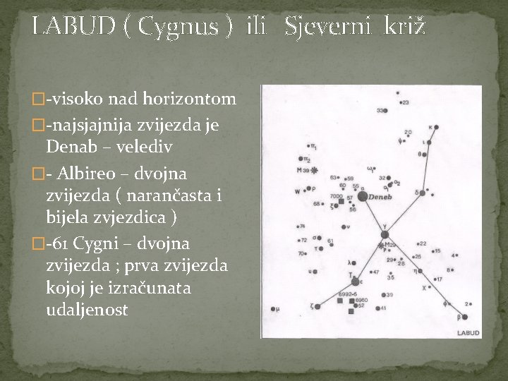 LABUD ( Cygnus ) ili Sjeverni križ �-visoko nad horizontom �-najsjajnija zvijezda je Denab