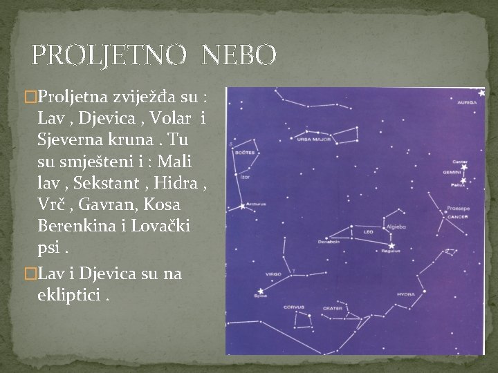 PROLJETNO NEBO �Proljetna zviježđa su : Lav , Djevica , Volar i Sjeverna kruna.
