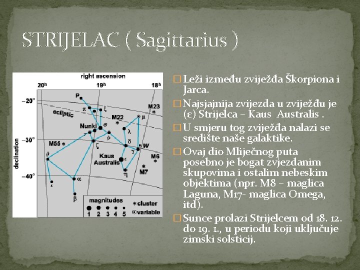 STRIJELAC ( Sagittarius ) � Leži između zviježđa Škorpiona i Jarca. � Najsjajnija zvijezda
