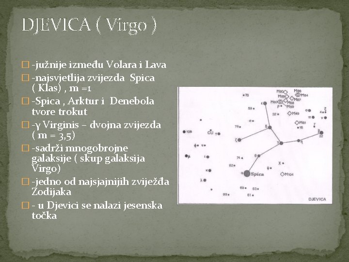 DJEVICA ( Virgo ) � -južnije između Volara i Lava � -najsvjetlija zvijezda Spica
