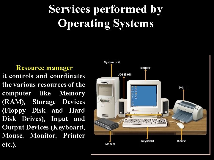 Services performed by Operating Systems Resource manager it controls and coordinates the various resources