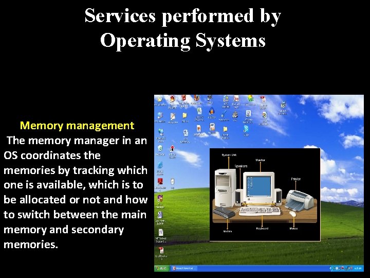 Services performed by Operating Systems Memory management The memory manager in an OS coordinates