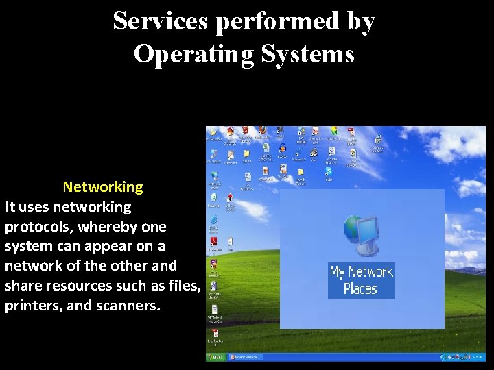 Services performed by Operating Systems Networking It uses networking protocols, whereby one system can