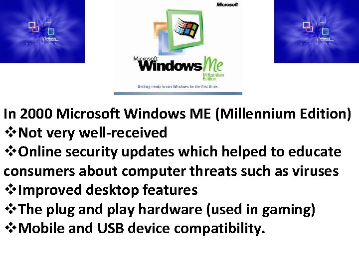 In 2000 Microsoft Windows ME (Millennium Edition) v. Not very well received v. Online