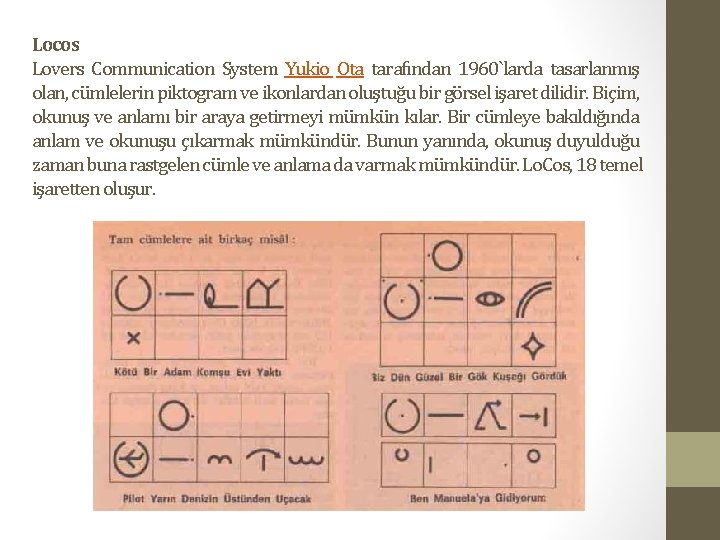 Locos Lovers Communication System Yukio Ota tarafından 1960`larda tasarlanmış olan, cümlelerin piktogram ve ikonlardan