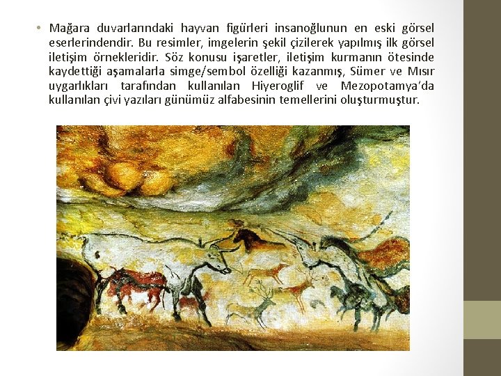  • Mağara duvarlarındaki hayvan figu rleri insanog lunun en eski go rsel eserlerindendir.